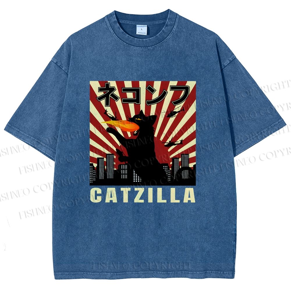 Unisex Catzilla Printed Washed Tee