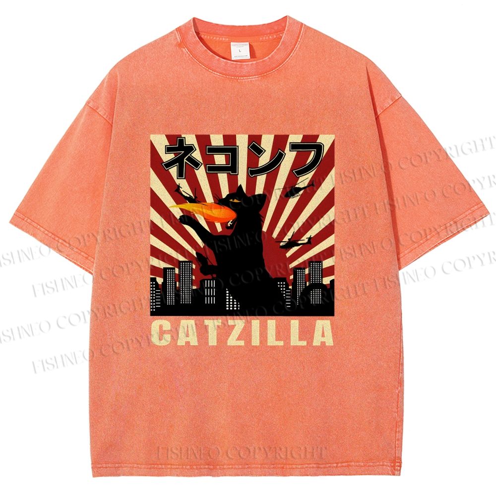 Unisex Catzilla Printed Washed Tee