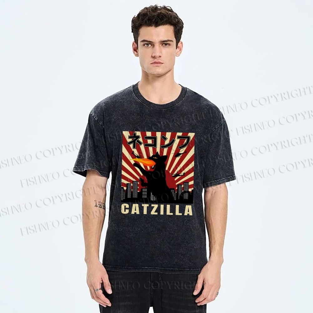 Unisex Catzilla Printed Washed Tee