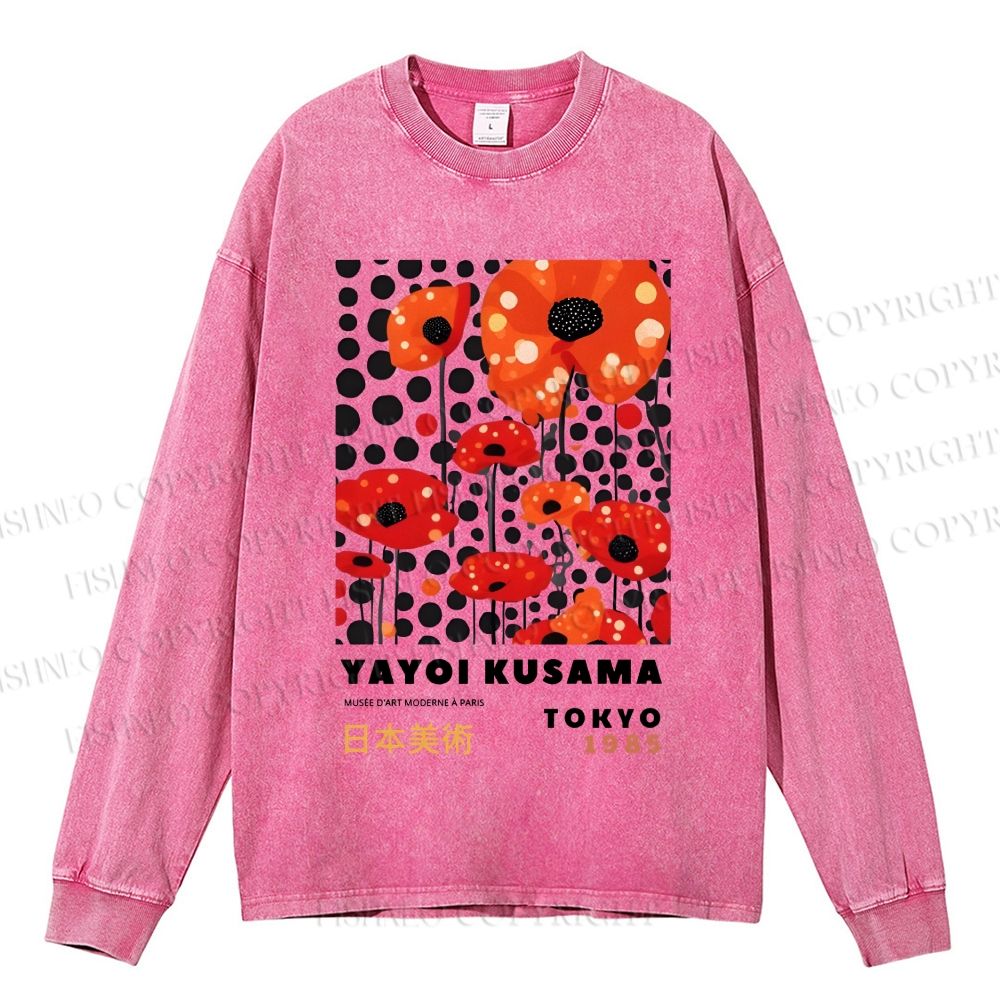 Unisex Casual Washed Japanese Yayoi Kusama Flower Printed Long Sleeve T-shirt