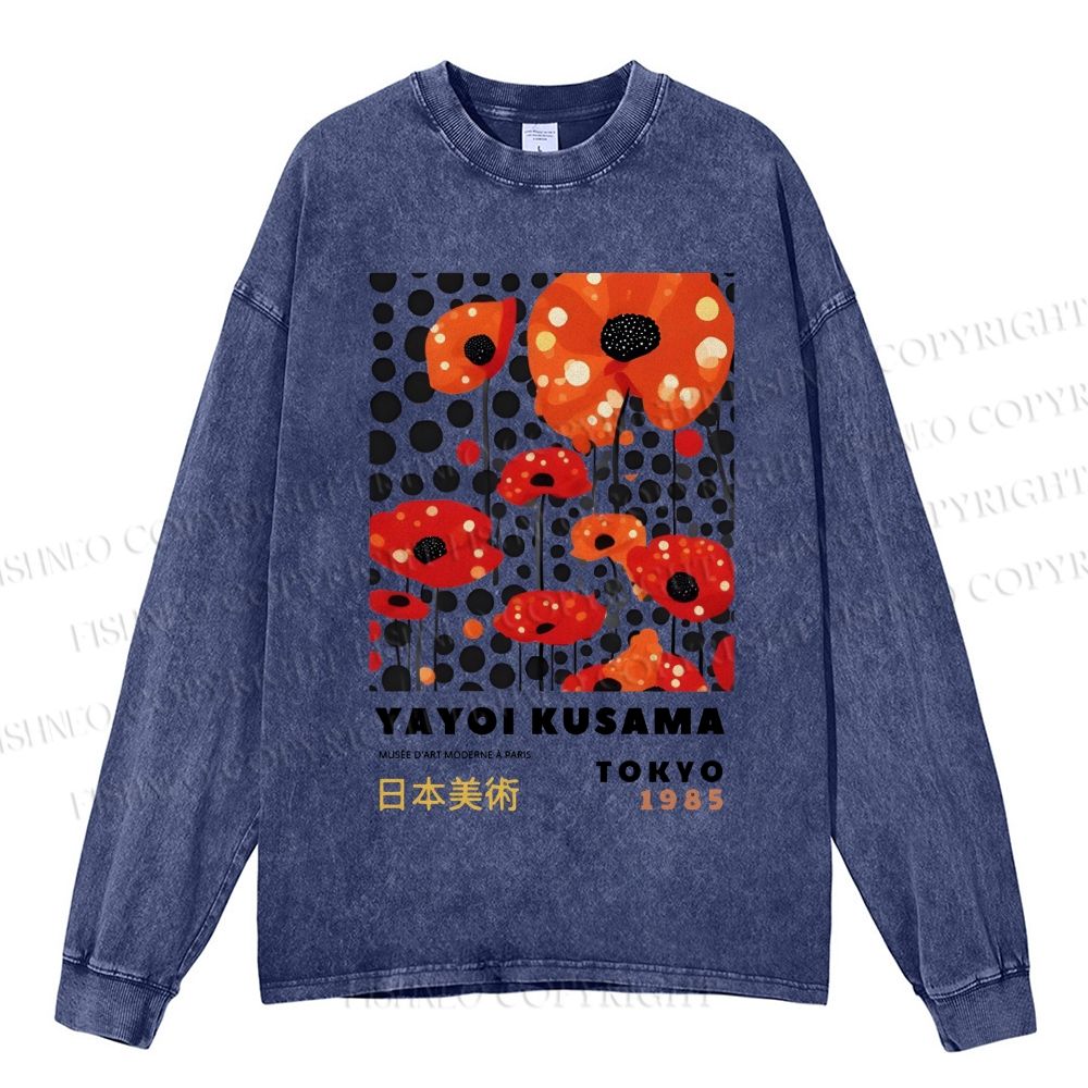 Unisex Casual Washed Japanese Yayoi Kusama Flower Printed Long Sleeve T-shirt