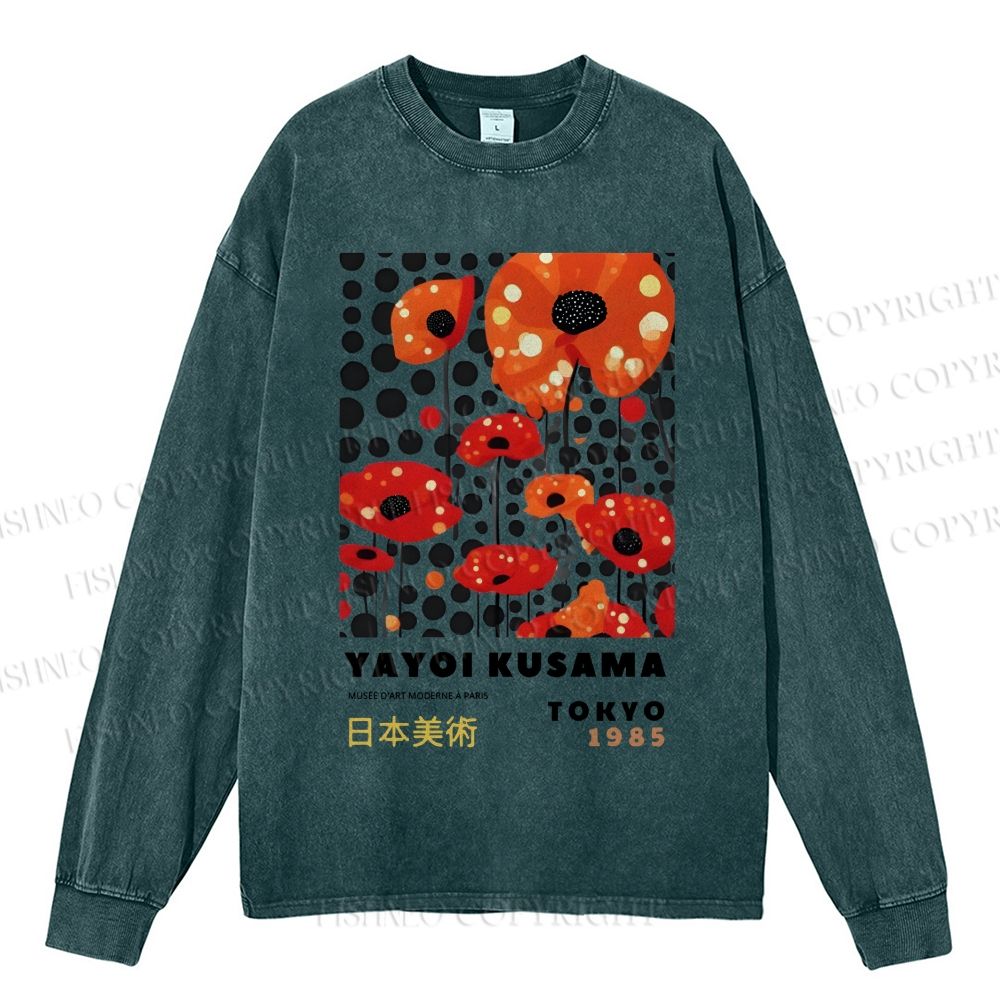 Unisex Casual Washed Japanese Yayoi Kusama Flower Printed Long Sleeve T-shirt