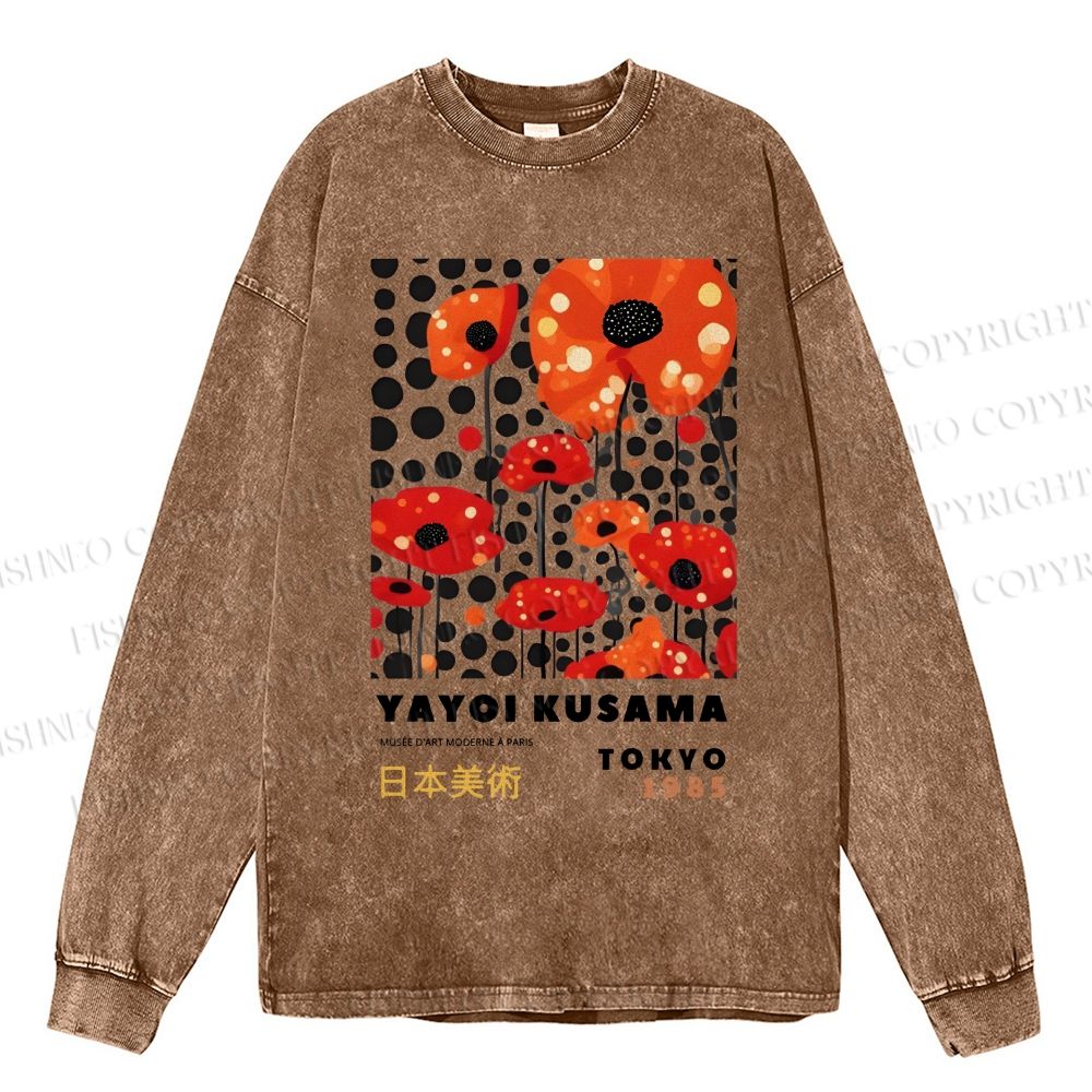 Unisex Casual Washed Japanese Yayoi Kusama Flower Printed Long Sleeve T-shirt