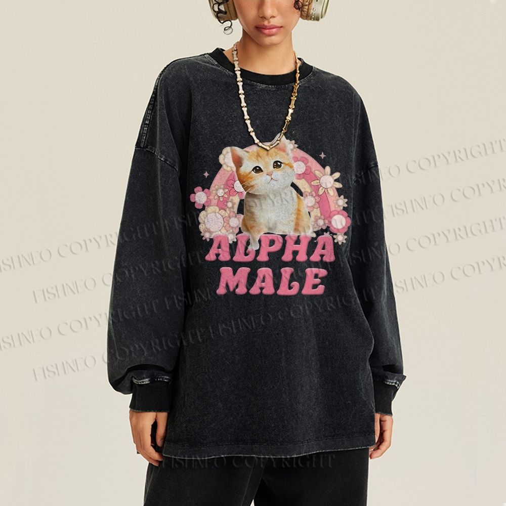 Unisex Casual Washed Alpha Male Cat Meme Printed Long Sleeve T-shirt