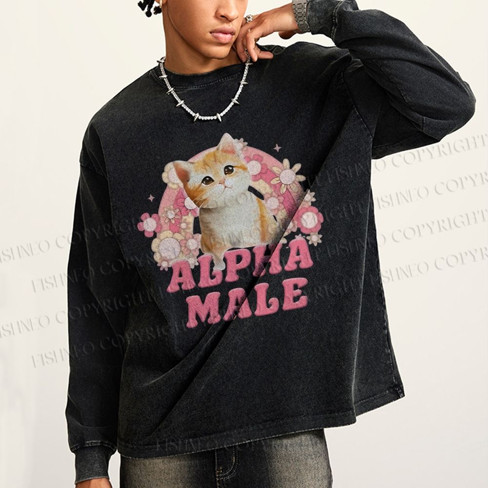 Unisex Casual Washed Alpha Male Cat Meme Printed Long Sleeve T-shirt