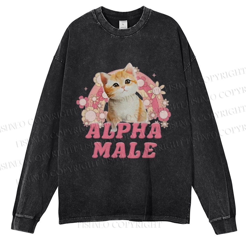Unisex Casual Washed Alpha Male Cat Meme Printed Long Sleeve T-shirt