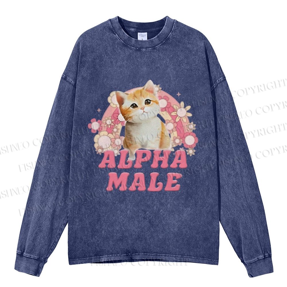 Unisex Casual Washed Alpha Male Cat Meme Printed Long Sleeve T-shirt