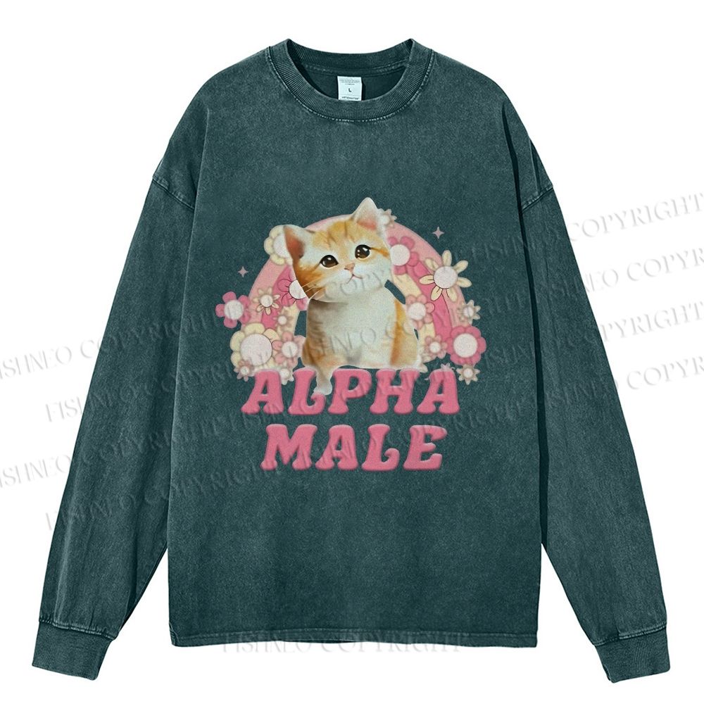 Unisex Casual Washed Alpha Male Cat Meme Printed Long Sleeve T-shirt