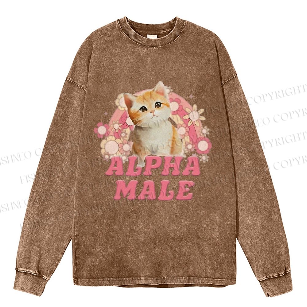 Unisex Casual Washed Alpha Male Cat Meme Printed Long Sleeve T-shirt