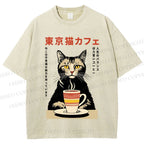 Unisex Tokyo Cat Cafe Printed Washed Tee