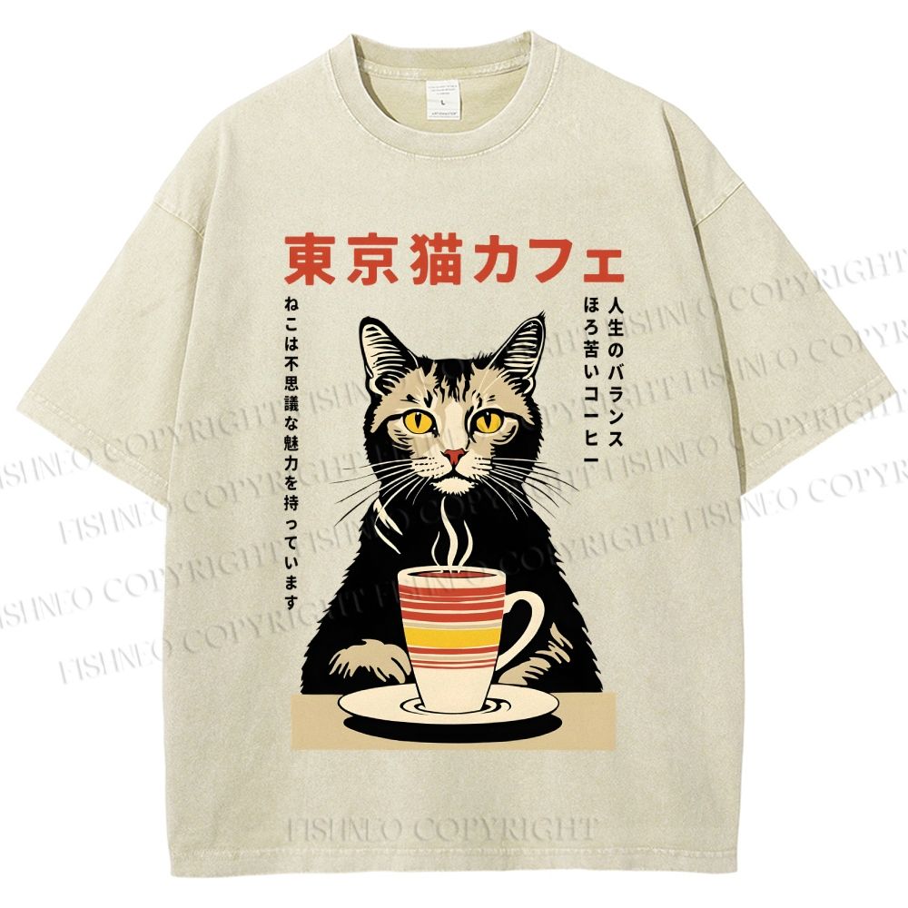 Unisex Tokyo Cat Cafe Printed Washed Tee