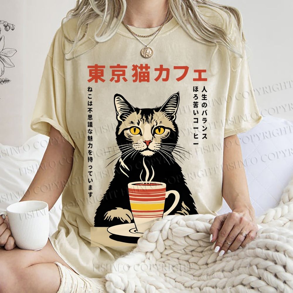 Unisex Tokyo Cat Cafe Printed Washed Tee