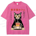 Unisex Tokyo Cat Cafe Printed Washed Tee