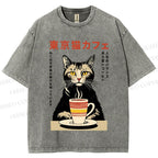 Unisex Tokyo Cat Cafe Printed Washed Tee