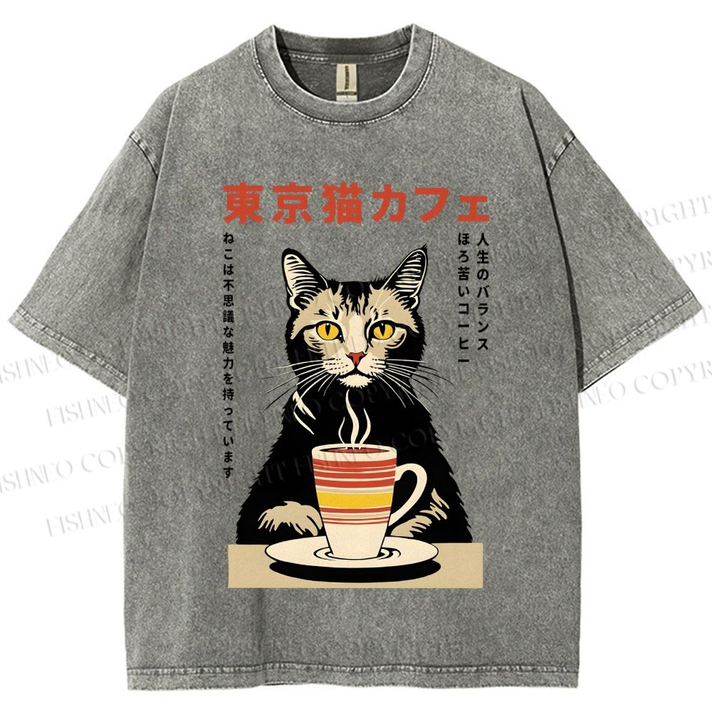 Unisex Tokyo Cat Cafe Printed Washed Tee