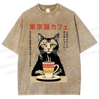 Unisex Tokyo Cat Cafe Printed Washed Tee