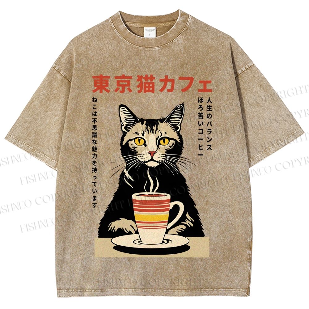 Unisex Tokyo Cat Cafe Printed Washed Tee