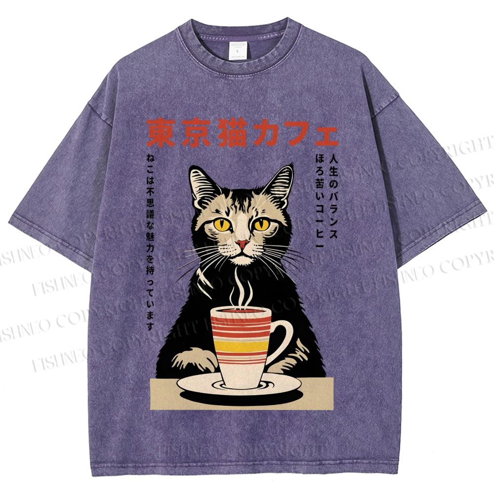 Unisex Tokyo Cat Cafe Printed Washed Tee