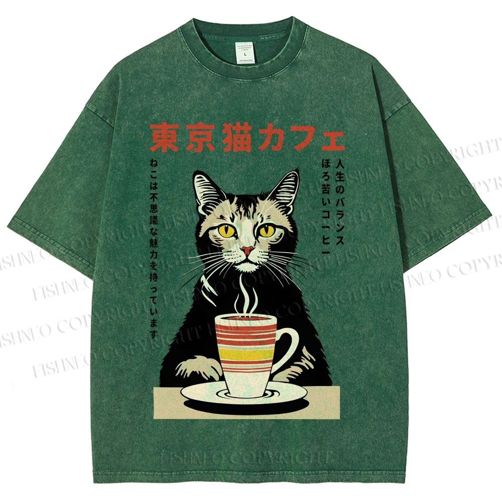 Unisex Tokyo Cat Cafe Printed Washed Tee