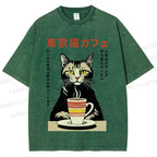 Unisex Tokyo Cat Cafe Printed Washed Tee