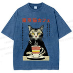 Unisex Tokyo Cat Cafe Printed Washed Tee