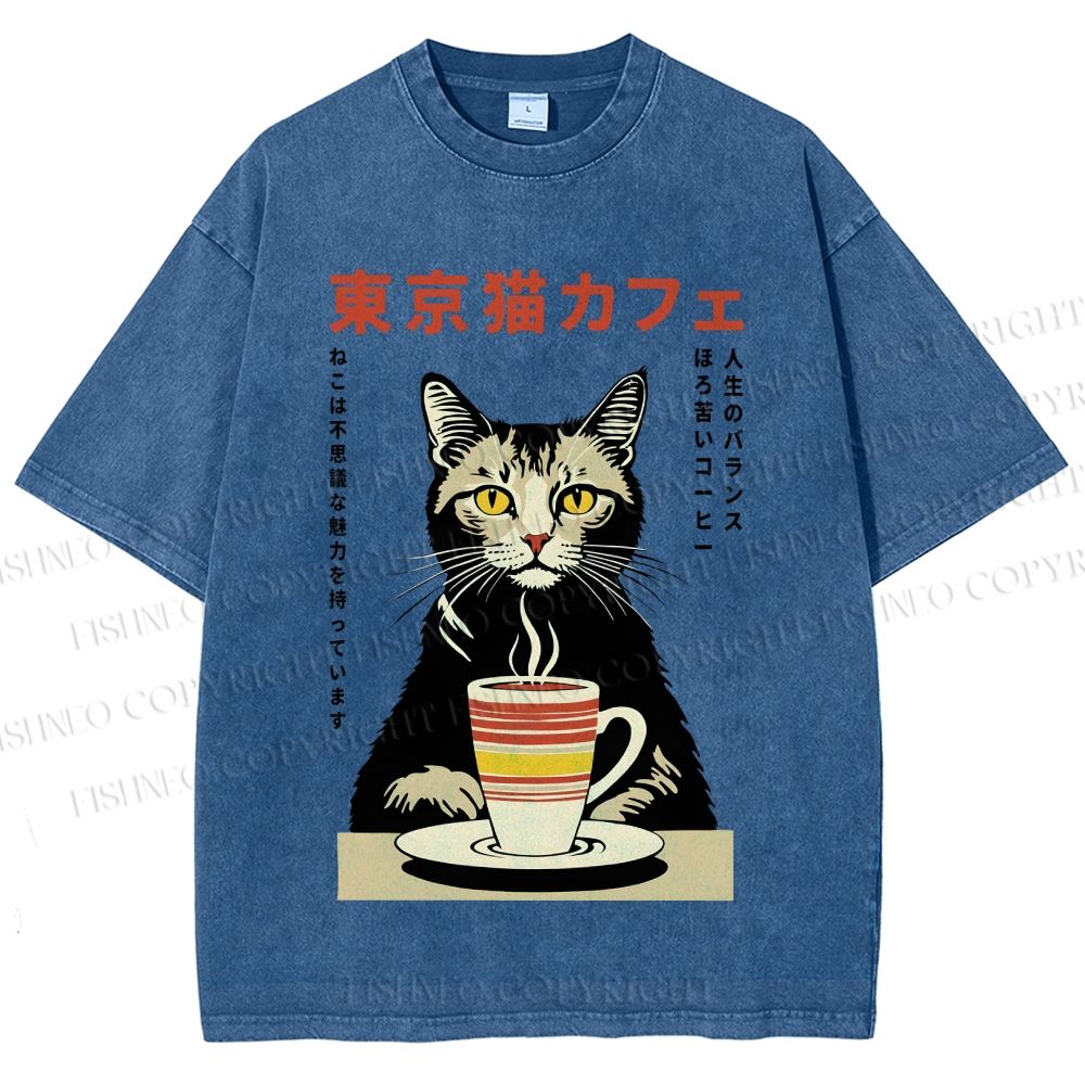 Unisex Tokyo Cat Cafe Printed Washed Tee