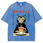 Unisex Tokyo Cat Cafe Printed Washed Tee