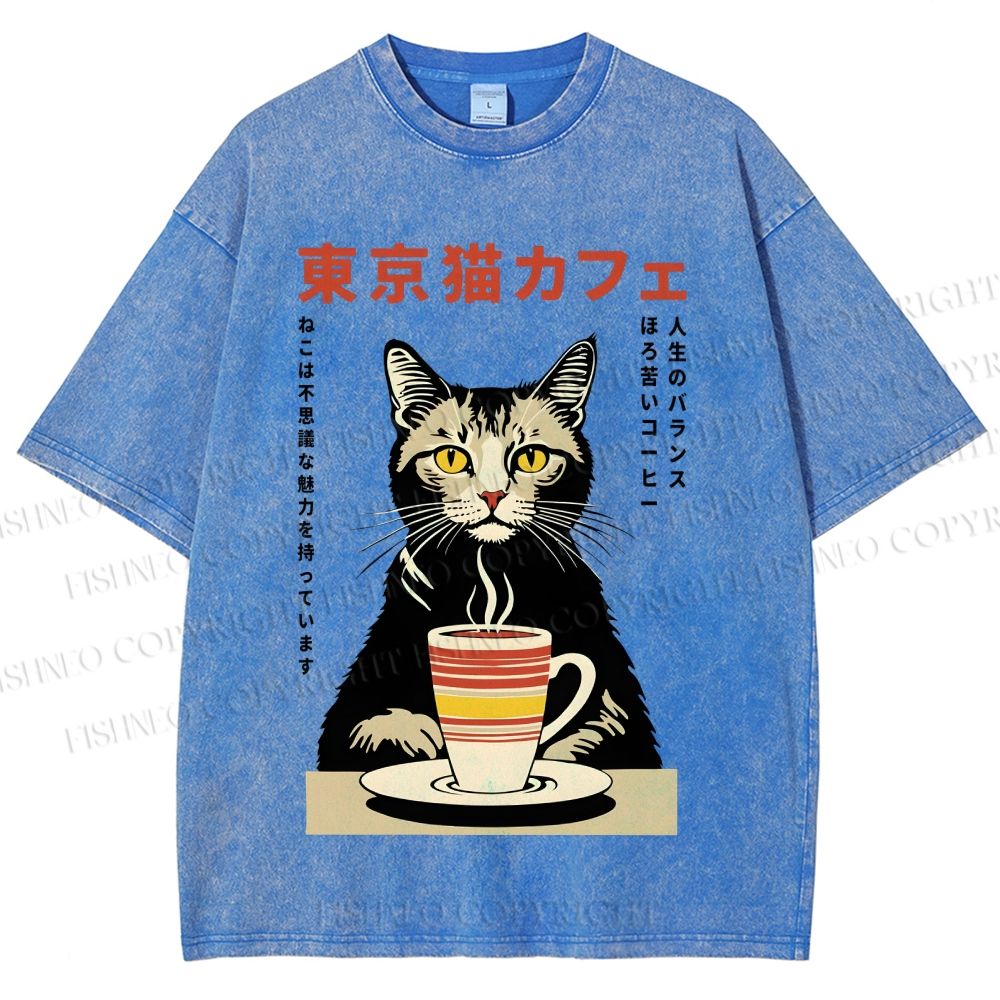 Unisex Tokyo Cat Cafe Printed Washed Tee