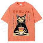 Unisex Tokyo Cat Cafe Printed Washed Tee