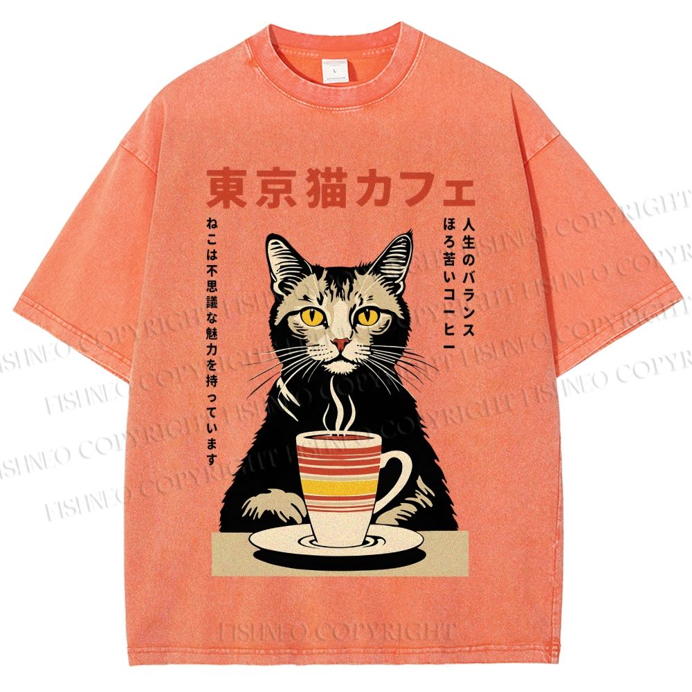 Unisex Tokyo Cat Cafe Printed Washed Tee