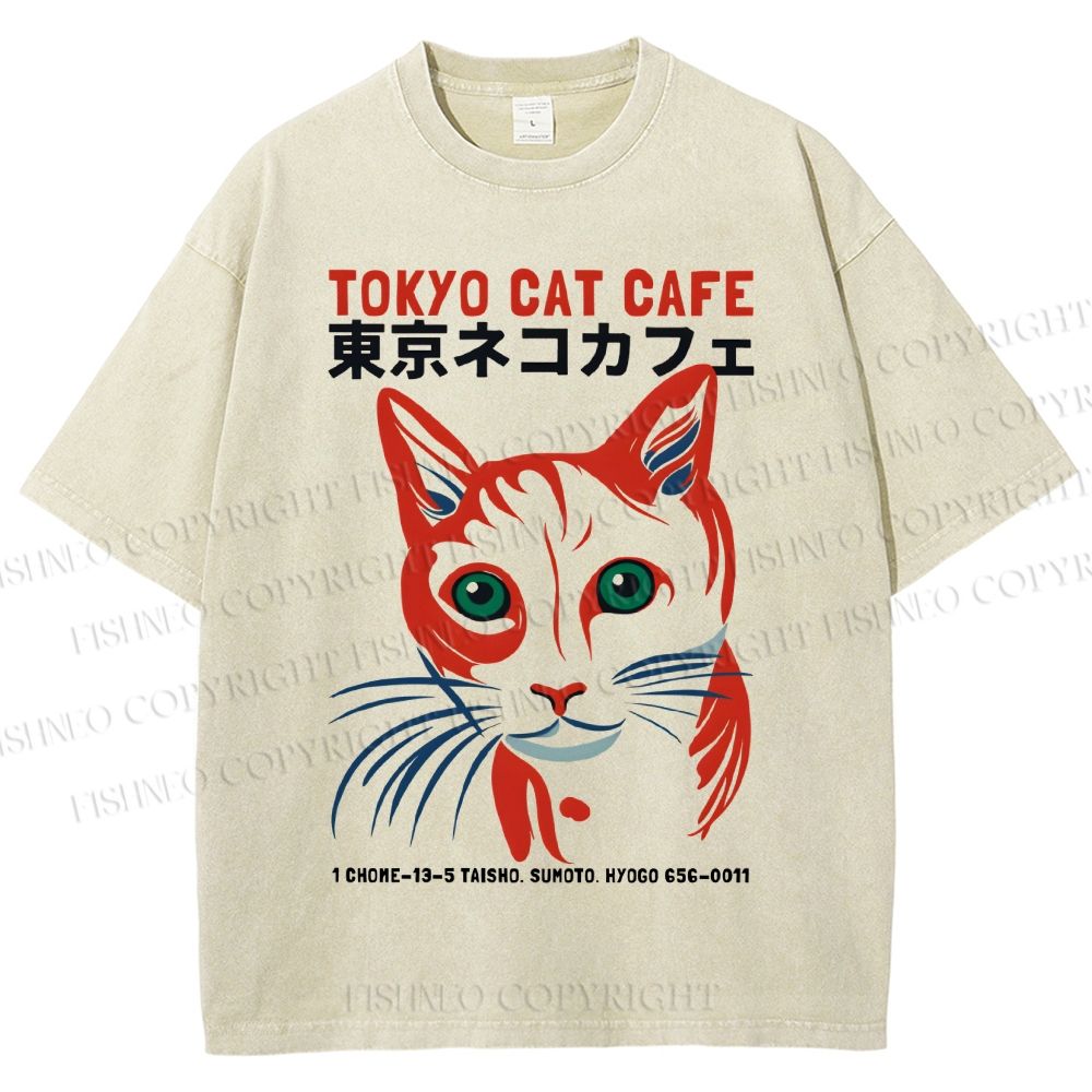 Unisex Tokyo Cat Cafe Printed Washed Tee