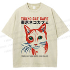 Unisex Tokyo Cat Cafe Printed Washed Tee