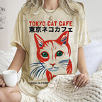 Unisex Tokyo Cat Cafe Printed Washed Tee