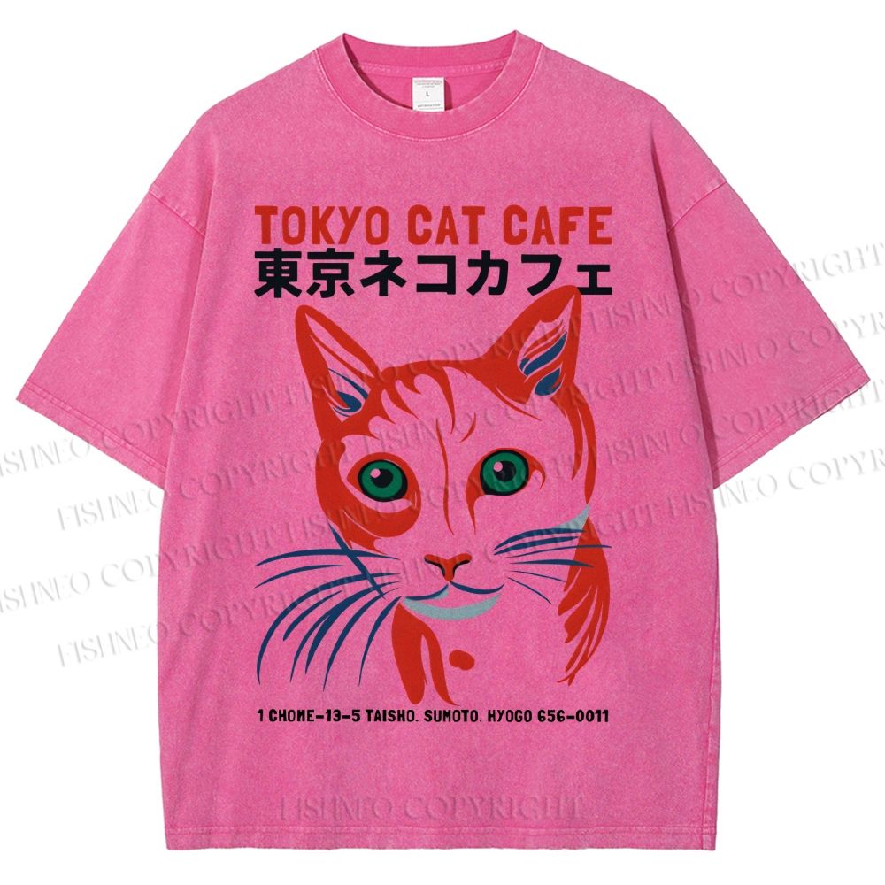 Unisex Tokyo Cat Cafe Printed Washed Tee