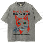 Unisex Tokyo Cat Cafe Printed Washed Tee