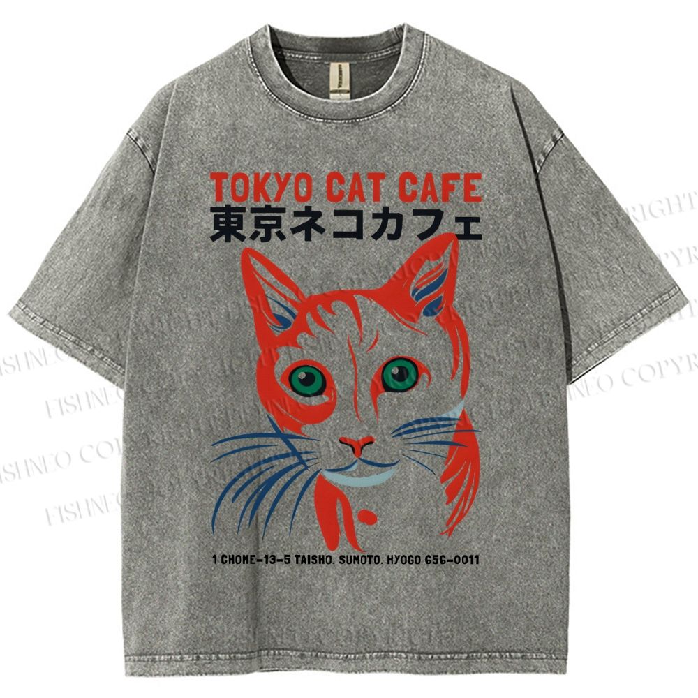Unisex Tokyo Cat Cafe Printed Washed Tee