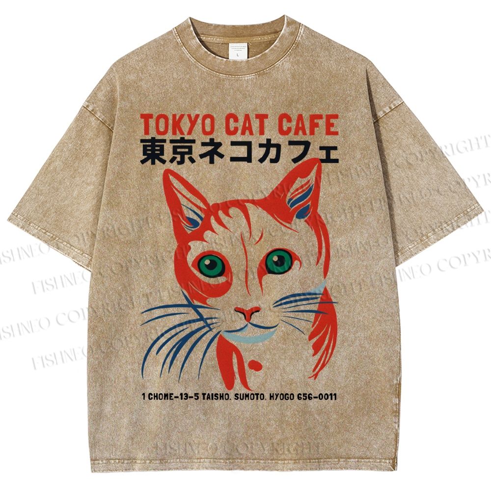 Unisex Tokyo Cat Cafe Printed Washed Tee