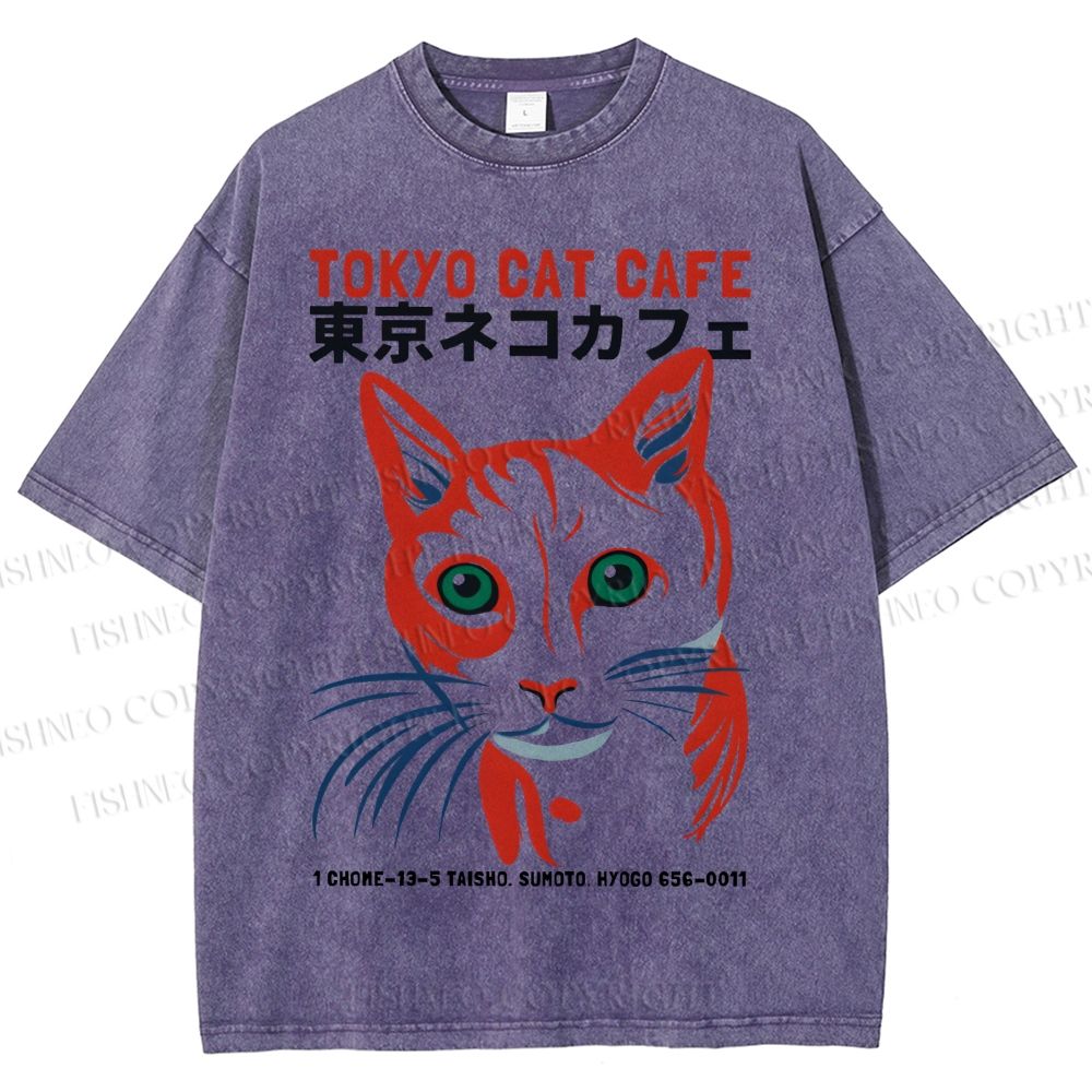 Unisex Tokyo Cat Cafe Printed Washed Tee
