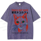 Unisex Tokyo Cat Cafe Printed Washed Tee