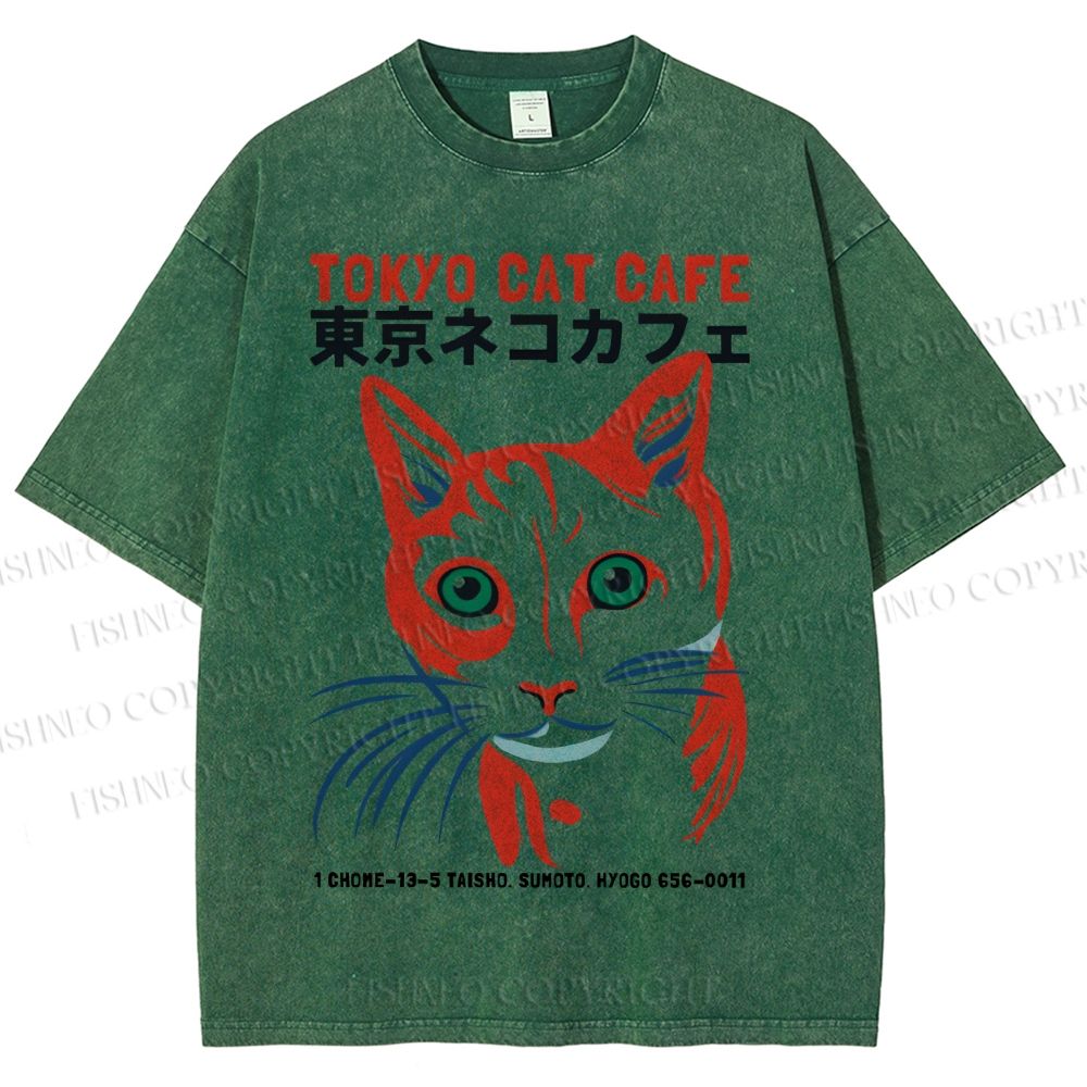 Unisex Tokyo Cat Cafe Printed Washed Tee