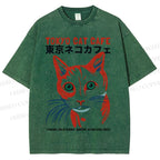 Unisex Tokyo Cat Cafe Printed Washed Tee