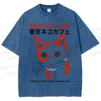 Unisex Tokyo Cat Cafe Printed Washed Tee
