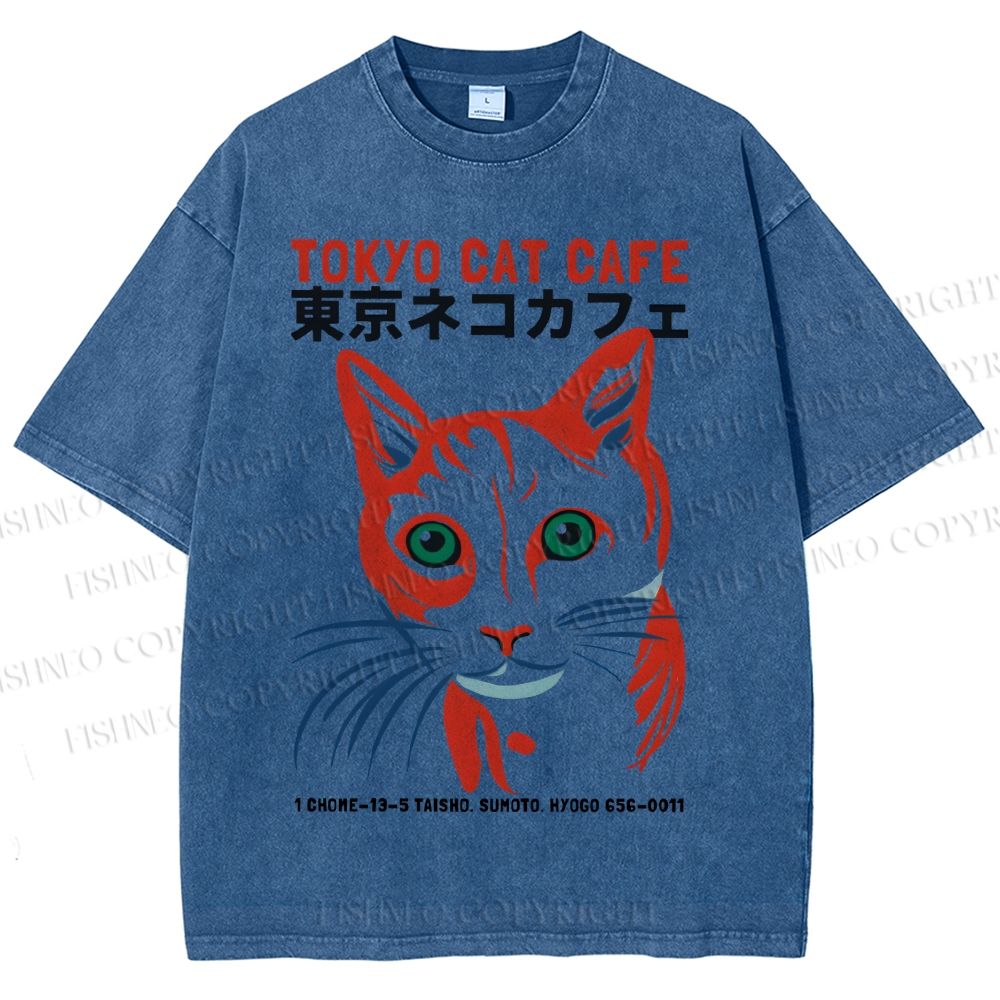 Unisex Tokyo Cat Cafe Printed Washed Tee