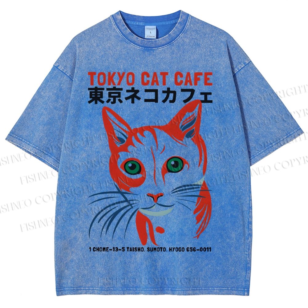 Unisex Tokyo Cat Cafe Printed Washed Tee