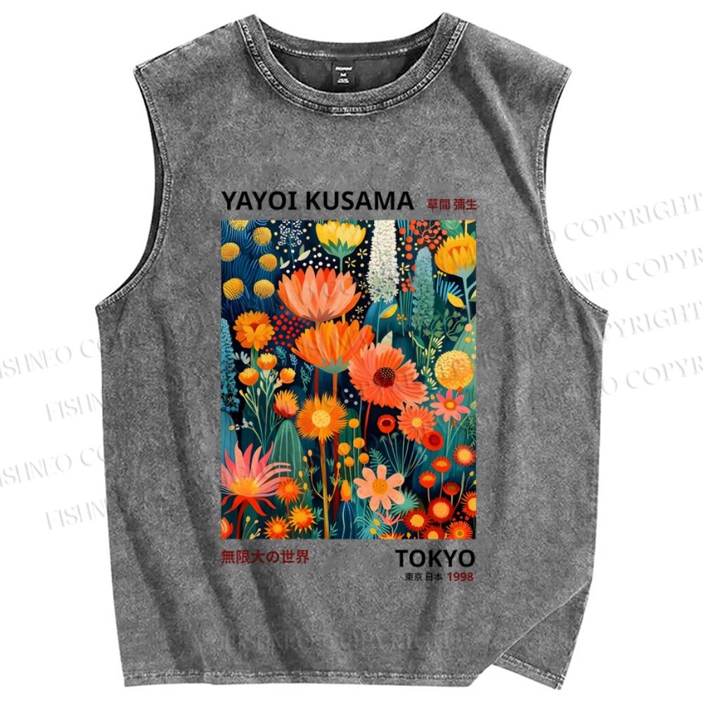 Unisex Yayoi Kusama Flowers Printed Washed Tank Top