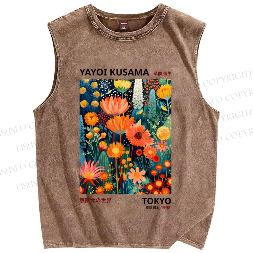Unisex Yayoi Kusama Flowers Printed Washed Tank Top