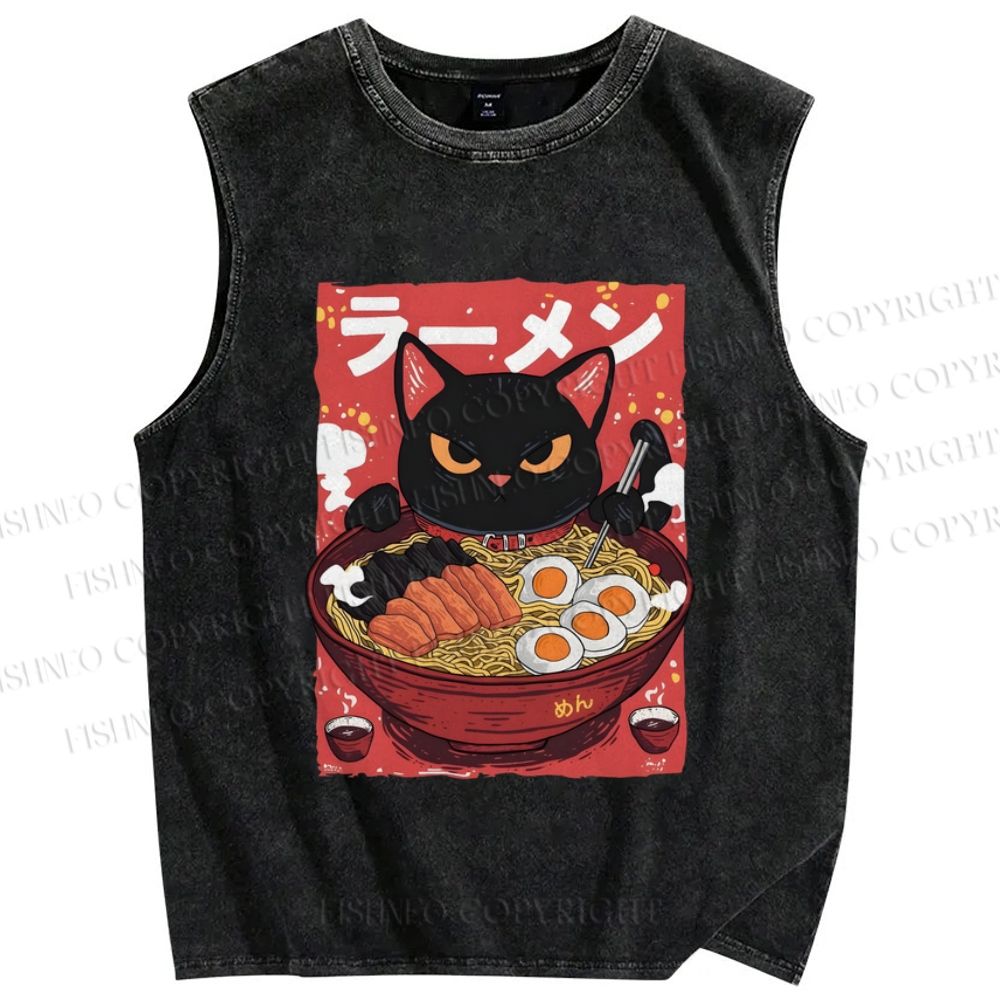 Unisex Ramen Cat Printed Washed Tank Top