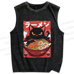 Unisex Ramen Cat Printed Washed Tank Top