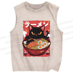 Unisex Ramen Cat Printed Washed Tank Top