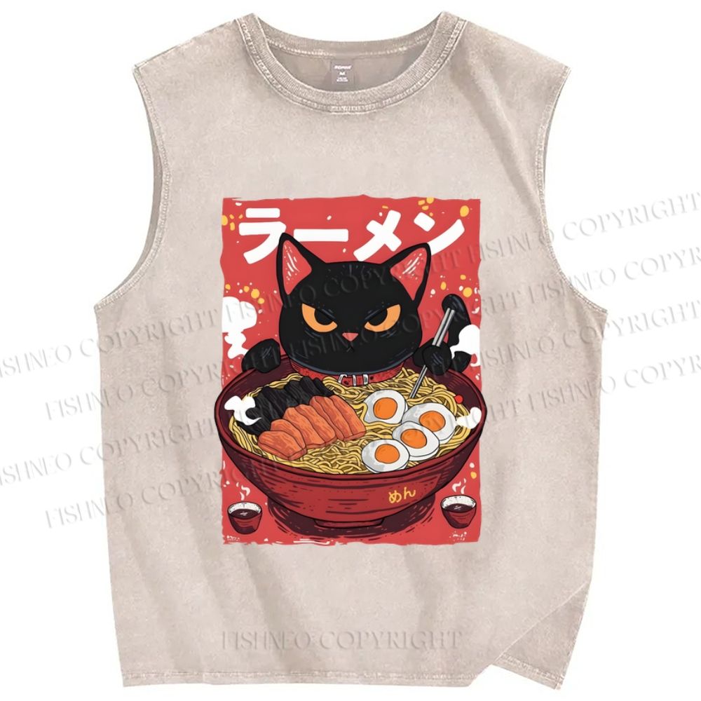 Unisex Ramen Cat Printed Washed Tank Top